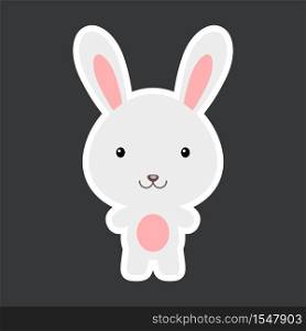 Cute funny baby hare sticker. Woodland adorable animal character for design of album, scrapbook, card, poster, invitation. Flat cartoon colorful vector illustration.