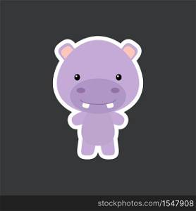 Cute funny baby hippo sticker. African adorable animal character for design of album, scrapbook, card, poster, invitation. Flat cartoon colorful vector illustration.