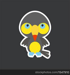 Cute funny baby toucan sticker. Tropical adorable bird character for design of album, scrapbook, card, poster, invitation. Flat cartoon colorful vector stock illustration.