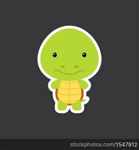 Cute funny baby turtle sticker. Adorable animal character for design of album, scrapbook, card, poster, invitation. Flat cartoon colorful vector stock illustration.