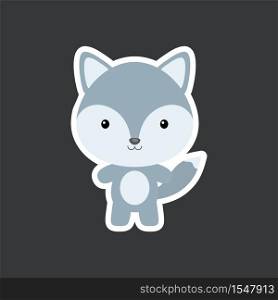 Cute funny baby wolf sticker. Woodland adorable animal character for design of album, scrapbook, card, poster, invitation. Flat cartoon colorful vector illustration.