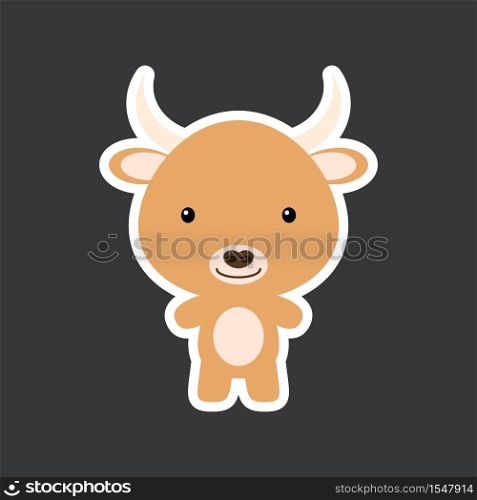 Cute funny baby yak sticker. Domestic adorable animal character for design of album, scrapbook, card, poster, invitation. Flat cartoon colorful vector illustration.
