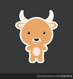 Cute funny baby yak sticker. Domestic adorable animal character for design of album, scrapbook, card, poster, invitation. Flat cartoon colorful vector illustration.