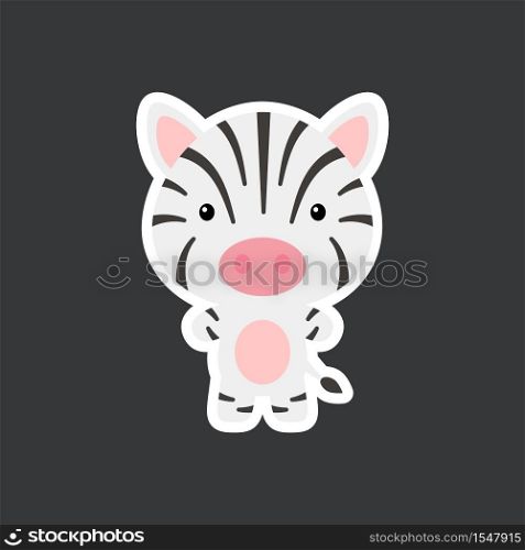 Cute funny baby zebra sticker. African adorable animal character for design of album, scrapbook, card, poster, invitation. Flat cartoon colorful vector illustration.