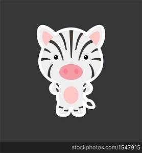 Cute funny baby zebra sticker. African adorable animal character for design of album, scrapbook, card, poster, invitation. Flat cartoon colorful vector illustration.