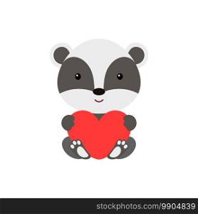 Cute funny beadger with heart on white background. Cartoon animal character for congratulation with St. Valentine day, greeting card, invitation, wall decor, sticker. Colorful vector illustration.