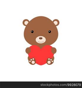Cute funny bear with heart on white background. Cartoon animal character for congratulation with St. Valentine day, greeting card, invitation, wall decor, sticker. Colorful vector stock illustration.