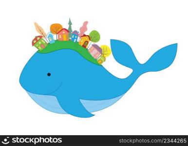 Cute funny blue whale cartoon kid with buildings and trees oh the back isolated icon. Vector illustration.