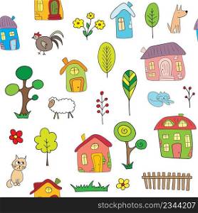 Cute funny cartoon life in the country seamless pattern. Houses, trees, chicken, cat, dog, sheep. Vector illustration.