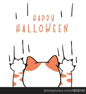 Cute funny cat playful play ghost paw Happy halloween costume card cartoon doodle outline flat vector illustration