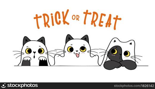 Cute funny cat playful play ghost Trick or Treat Happy halloween costume cartoon doodle outline flat vector illustration