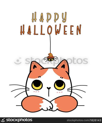 Cute funny cat with witch spider Happy halloween costume cartoon doodle outline flat vector illustration