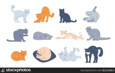 Cute funny cats collection. Kitten character sleep, play and walk. Purebred cat on pillow. Cartoon pets design in various poses, kicky vector animals of cute kitten, cat funny character illustration. Cute funny cats collection. Kitten character sleep, play and walk. Purebred cat on pillow. Cartoon pets design in various poses, kicky vector animals