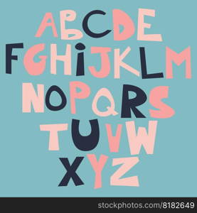 Cute funny childish alphabet. Vector font illustration.Funny cartoon style ABC for kids. Cute funny childish alphabet