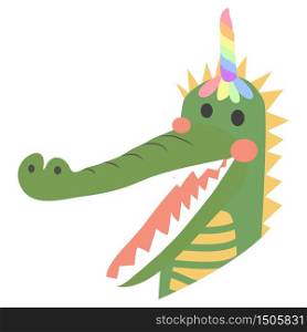 cute funny crocodile with a unicorn horn, Scandinavian style flat design. Concept for children print.