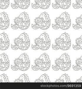 Cute funny dinosaur pattern. Coloring vector background. Dinosaur in an egg. Print for design. Coloring cute dinosaurs seamless pattern