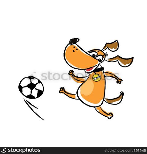 Cute funny dog is playing football,Pets and ball isolated on white background,vector illustration. Cute funny dog is playing football,