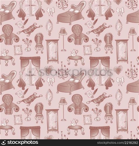 Cute funny doodle classic baroque style furniture seamless pattern. Hand drawn bright colorful vintage furniture collection on white background. Vector illustration.