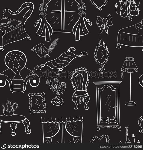 Cute funny doodle classic baroque style furniture seamless pattern. Hand drawn monochrome black and white vintage furniture collection on black background. Vector illustration.