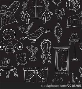 Cute funny doodle classic baroque style furniture seamless pattern. Hand drawn monochrome black and white vintage furniture collection on black background. Vector illustration.
