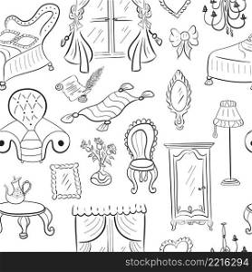 Cute funny doodle classic baroque style furniture set. Hand drawn monochrome black and white vintage furniture collection on white background isolated. Vector illustration.