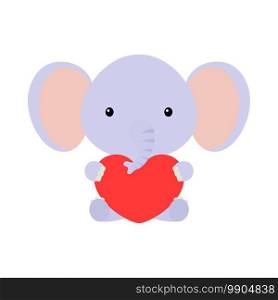 Cute funny elephant with heart on white background. Cartoon animal character for congratulation with St. Valentine day, greeting card, invitation, wall decor, sticker. Colorful vector illustration.
