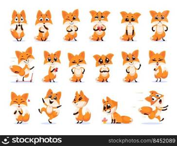 Cute funny emotional fox set. Cute red little fox smiling, crying, dancing, running away, getting angry, surprised, upset, scared. Vector illustration for cartoon animal, different emotions concept