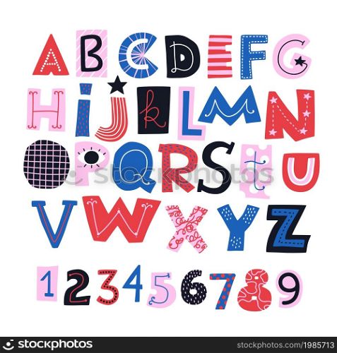 Cute funny font. English abstract alphabet. Cartoon primitive design typography. Kids creative uppercase letter and numbers with doodle elements. Childish colorful ABC mockup. Vector text symbols set. Cute funny font. English abstract alphabet. Primitive design typography. Kids creative uppercase letter and numbers with doodle elements. Childish colorful ABC. Vector text symbols set