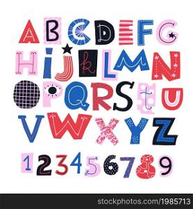 Cute funny font. English abstract alphabet. Cartoon primitive design typography. Kids creative uppercase letter and numbers with doodle elements. Childish colorful ABC mockup. Vector text symbols set. Cute funny font. English abstract alphabet. Primitive design typography. Kids creative uppercase letter and numbers with doodle elements. Childish colorful ABC. Vector text symbols set