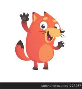 Cute funny fox mascot waving hand and get excited. Vector illustration isolated. Cartoon character for children books.