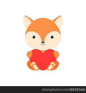 Cute funny fox with heart on white background. Cartoon animal character for congratulation with St. Valentine day, greeting card, invitation, wall decor, sticker. Colorful vector stock illustration.