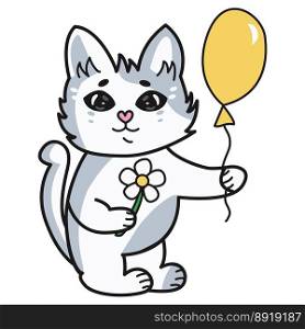 Cute funny gray cat holding a bouquet of flowers and a balloon. Cute funny gray cat holding a bouquet of flowers and a balloon.