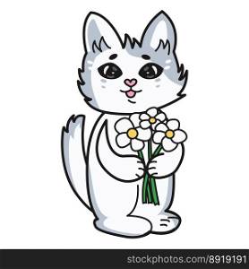 Cute funny gray cat holding a bouquet of flowers in his hands. Cute funny gray cat holding a bouquet of flowers in his hands.