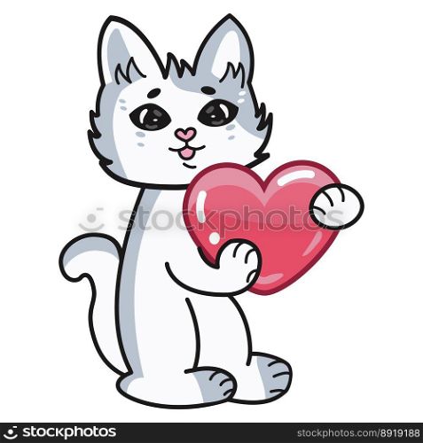 Cute funny gray cat with a red heart in his hands. Cute funny gray cat with a red heart in his hands.