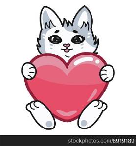 Cute funny gray cat with a red heart in his hands. Cute funny gray cat with a red heart in his hands.