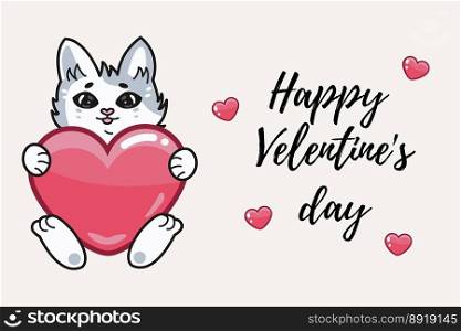 Cute funny gray cat with a red heart in his hands. happy valentine’s day.. Heart pink seamless pattern, on a white background. Love, Valentine’s day. Vector illustration