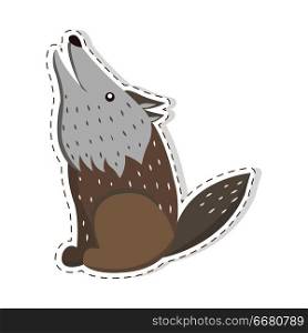 Cute funny grey howling wolf vector flat cartoon sticker or icon outlined with dotted line isolated on white. Wild predatory animal illustration for game counters, price tags. Cute Wolf Cartoon Flat Vector Sticker or Icon