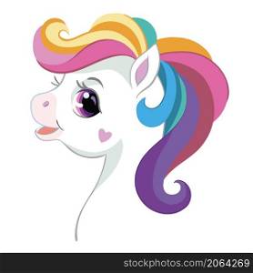 Cute funny head of white unicorn with rainbow curly mane in cartoon style. Vector isolated illustration. For sticker, design, decoration, print, baby shower, t-shirt, cards, dishes and kids apparel. Cute cartoon unicorn head vector isolated illustration