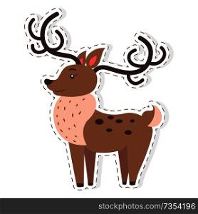 Cute funny horned fallow reindeer vector flat cartoon sticker or icon outlined with dotted line isolated on white. Herbivorous animal illustration for game counters, price tags. Cute Reindeer Cartoon Flat Vector Sticker or Icon