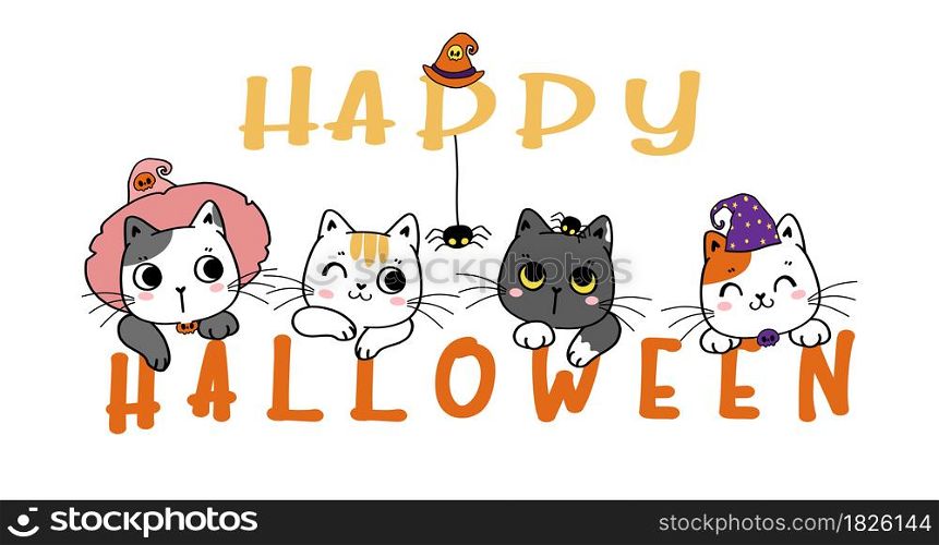 Cute funny kitten cat face head on halloween banner, Happy halloween costume cartoon doodle outline flat vector illustration