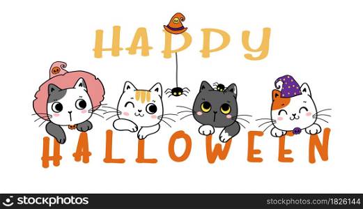 Cute funny kitten cat face head on halloween banner, Happy halloween costume cartoon doodle outline flat vector illustration