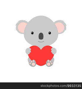 Cute funny koala with heart on white background. Cartoon animal character for congratulation with St. Valentine day, greeting card, invitation, wall decor, sticker. Colorful vector stock illustration.