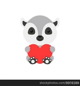 Cute funny lemur with heart on white background. Cartoon animal character for congratulation with St. Valentine day, greeting card, invitation, wall decor, sticker. Colorful vector stock illustration.