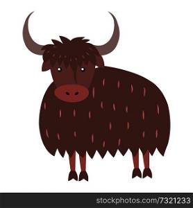 Cute funny long-haired himalayan bull, wold or yak vector flat cartoon sticker isolated on white. Domestic animal or pet illustration for game counters, price tags. Cute Yak Cartoon Flat Vector Sticker or Icon
