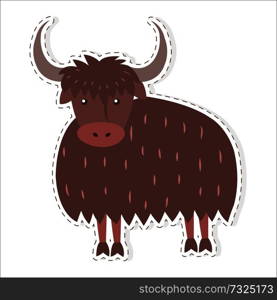 Cute funny long-haired himalayan bull, wold or yak vector flat cartoon sticker or icon outlined with dotted line isolated on white. Domestic animal or pet illustration for game counters, price tags. Cute Yak Cartoon Flat Vector Sticker or Icon