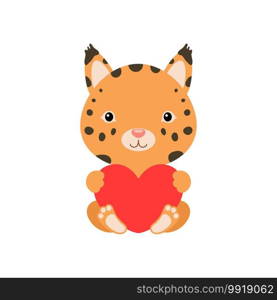 Cute funny lynx with heart on white background. Cartoon animal character for congratulation with St. Valentine day, greeting card, invitation, wall decor, sticker. Colorful vector stock illustration.