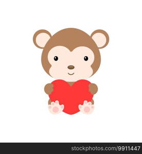 Cute funny monkey with heart on white background. Cartoon animal character for congratulation with St. Valentine day, greeting card, invitation, wall decor, sticker. Colorful vector illustration.