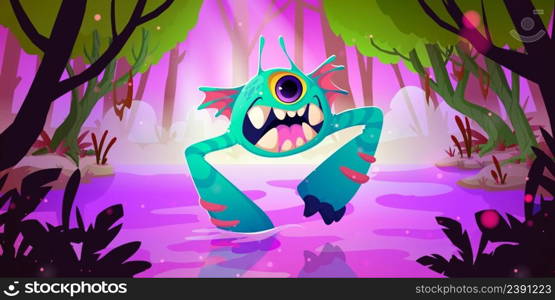Cute funny monster in forest sw&. Vector cartoon fantasy illustration of magic jungle landscape and fantastic creature, ugly alien animal with teeth and one eye. Cute funny monster in forest sw&