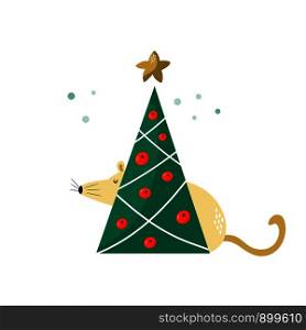 Cute funny mouse hiding behind the pine tree. Vector holiday illustration. Seasons greetings. Cute funny mouse for Chinese New Year