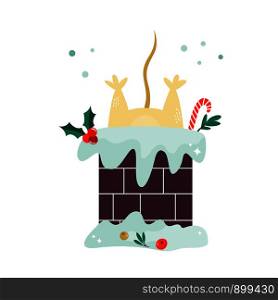 Cute funny mouse stuck in chimney. Chinese New Year concept. Vector holiday illustration. Cute funny mouse for Chinese New Year